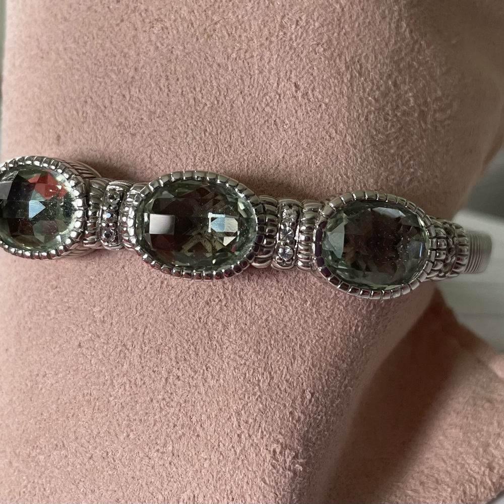 Judith Ripka 3 Stone Green Amethyst with diamonique stones